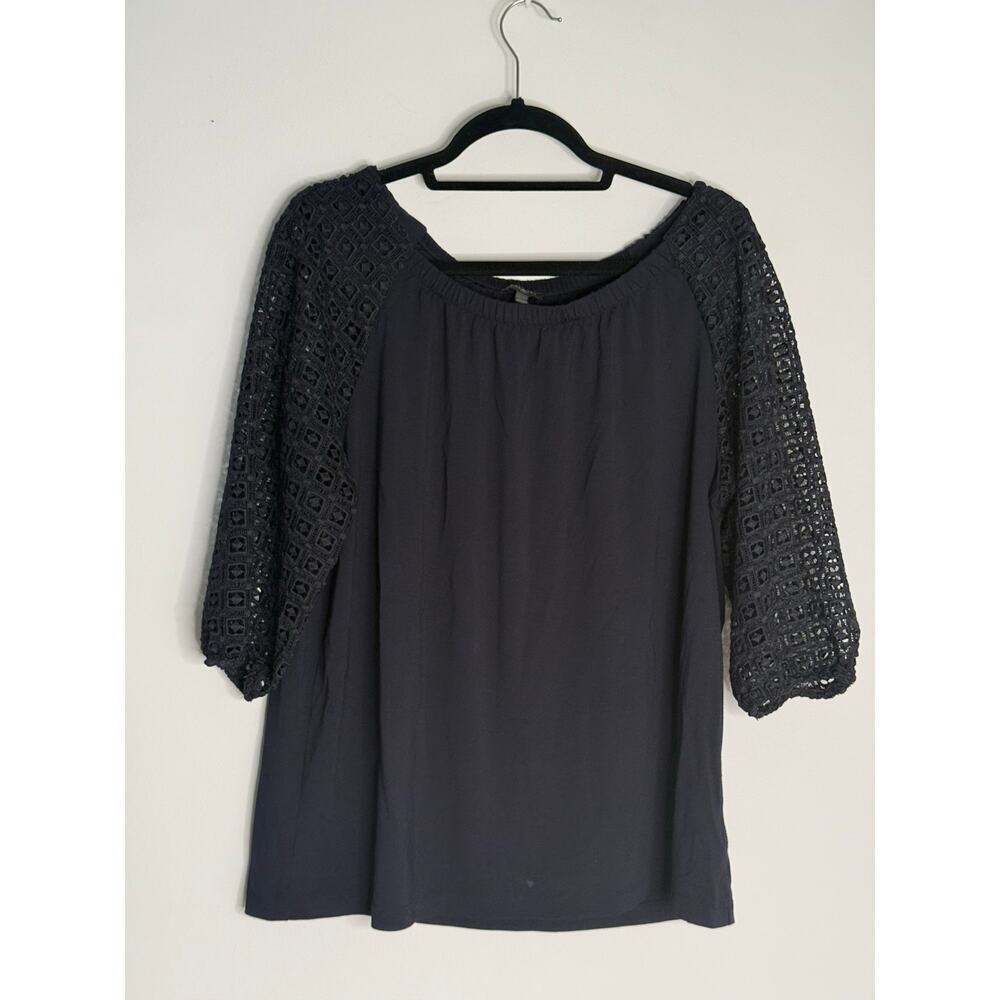 Talbots Plus Black Silky Jersey T-shirt Crochet 3/4 Balloon Sleeves Boatneck 1X